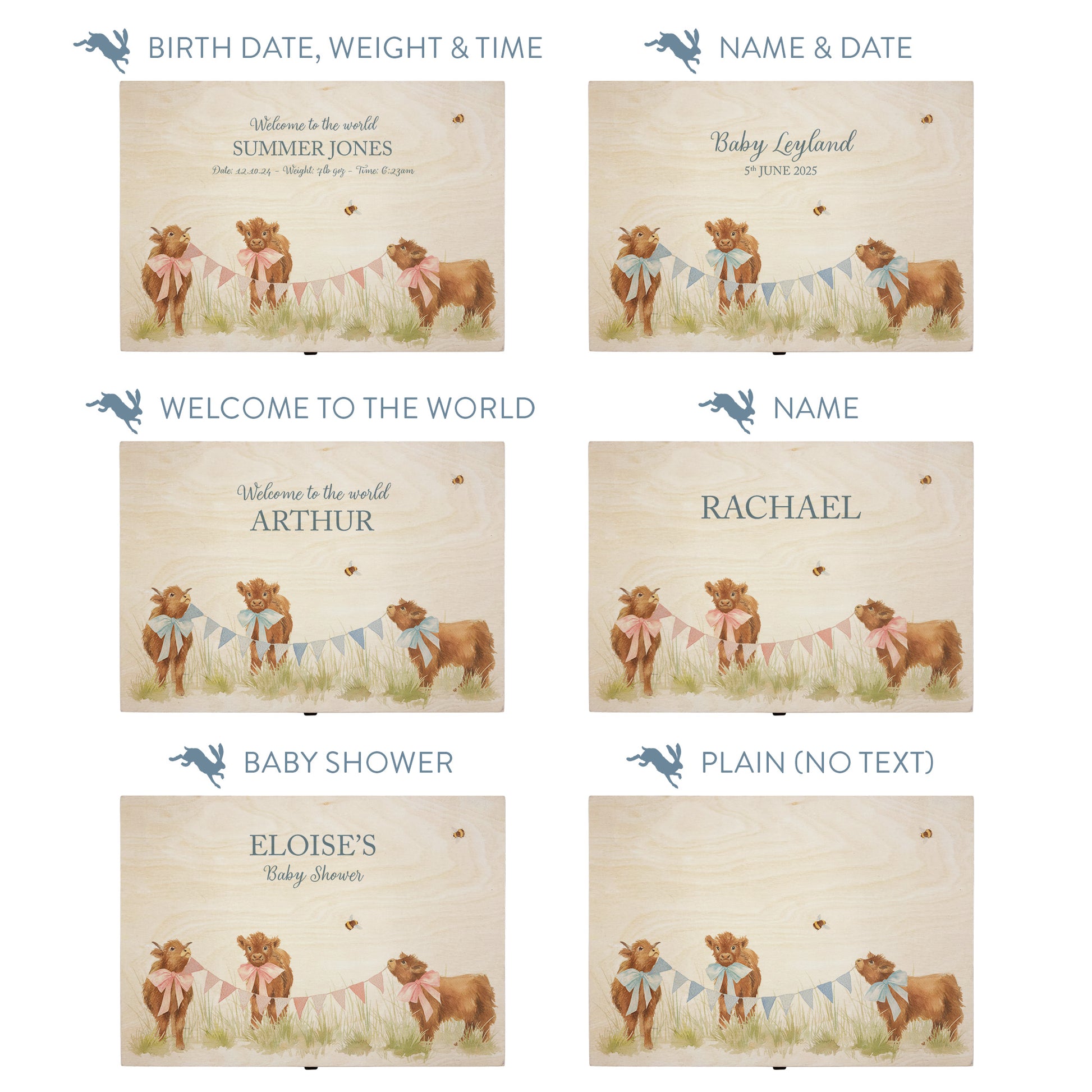 This baby animal design can be personalised by adding a beautiful bunting and a luxurious bow around their necks in blue or pink. Add the extra special touch to your special occasion.  This pictures shows examples of some different ways to personalise your beautiful gift box for your friend, loved one and little person in your life. "Box of things" "School keepsakes" "Time Capsule"  "Favourite things" "Bits and Bobs" "Toys" "Christening memory box"