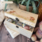 Medium sized wooden pine personalised keepsake box. The design theme is perfect for New babies, Welcome to the world, baby showers and christenings. The picture also shows an example in a nursey room filled with nappies, vests and teddys. 