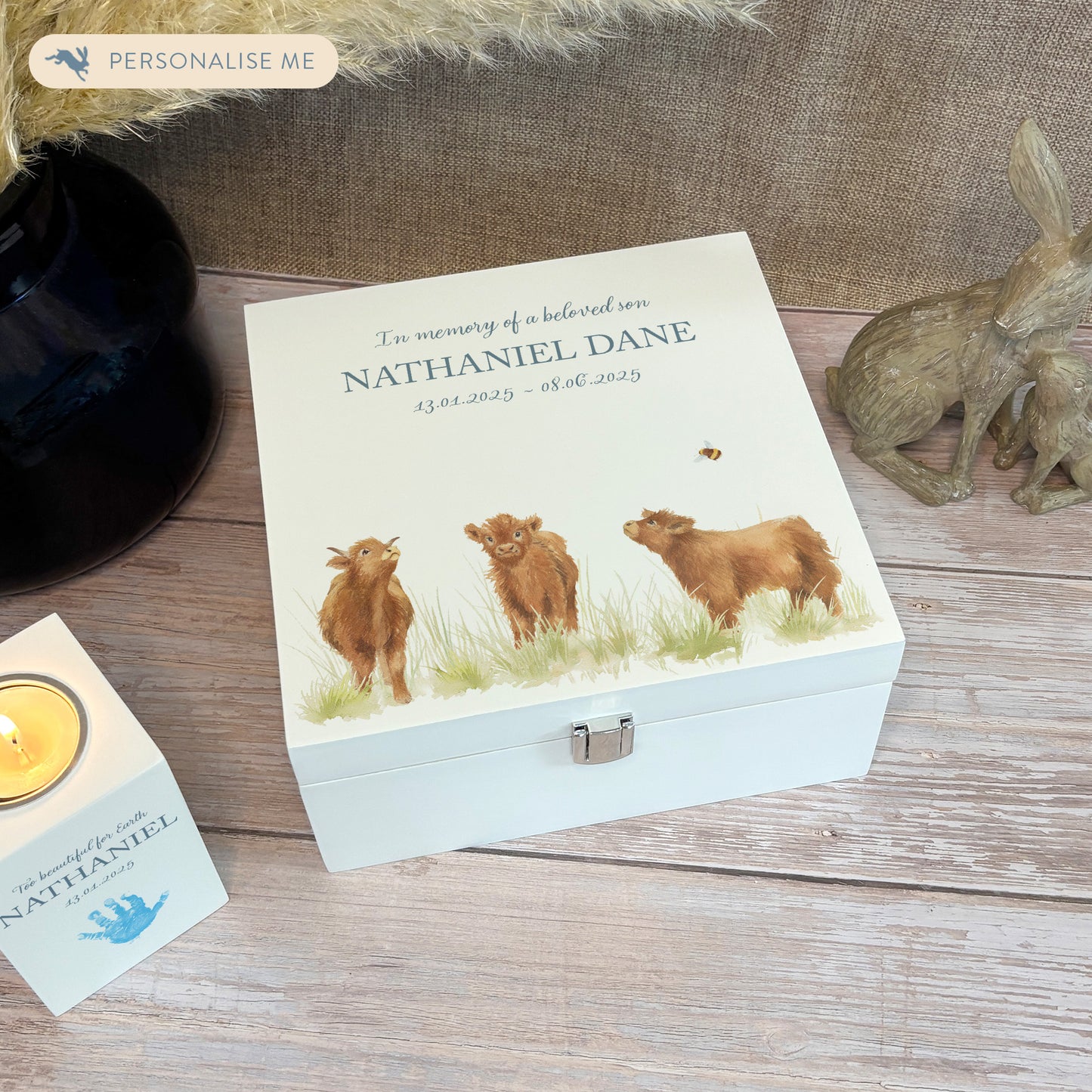 White Square personalised Wooden box with a decorative lid featuring illustrations Baby Highland Cow Perfect funeral memory keepsake box, for storing ashes, order of service, flowers and coping with baby loss capturing your loved ones things in one place. 