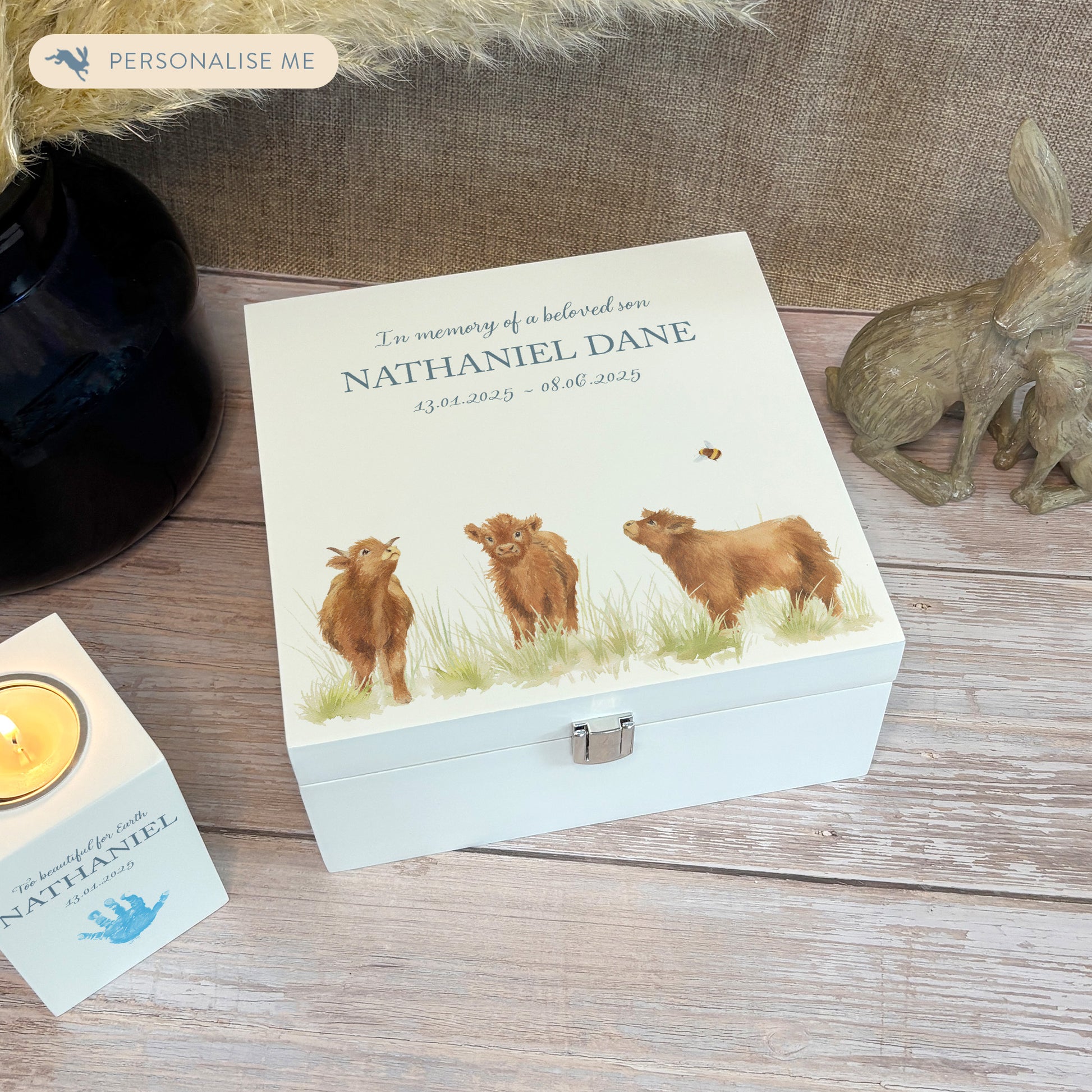 White Square personalised Wooden box with a decorative lid featuring illustrations Baby Highland Cow Perfect funeral memory keepsake box, for storing ashes, order of service, flowers and coping with baby loss capturing your loved ones things in one place. 
