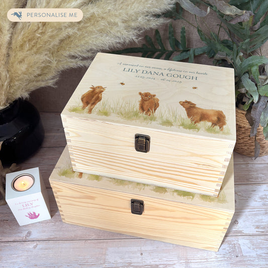 Wooden box with a decorative lid featuring illustrations Baby Highland Cow Perfect funeral memory keepsake box, for storing ashes, order of service, flowers and coping with baby loss capturing your loved ones things in one place 