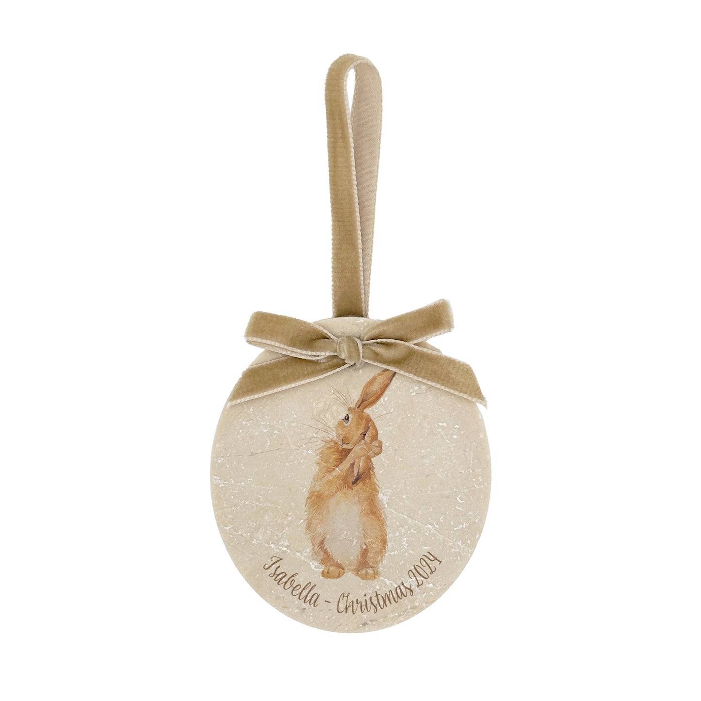 An oval marble bauble featuring a watercolour hare, personalised to with your child's name to celebrate Christmas. The bauble is finished with a velvet ribbon.