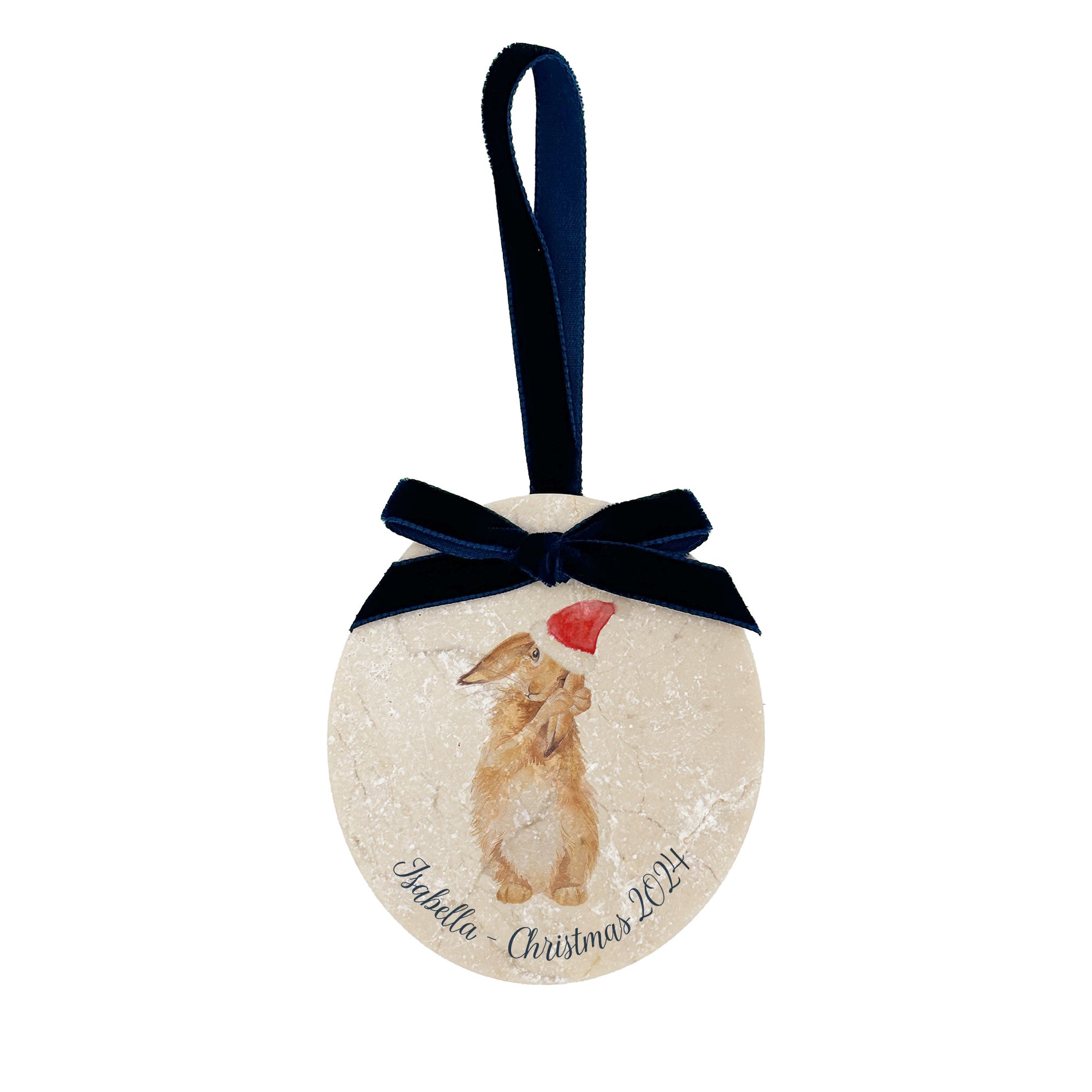 An oval marble bauble featuring a watercolour hare, personalised to celebrate baby's first Christmas. The bauble is finished with a velvet ribbon.