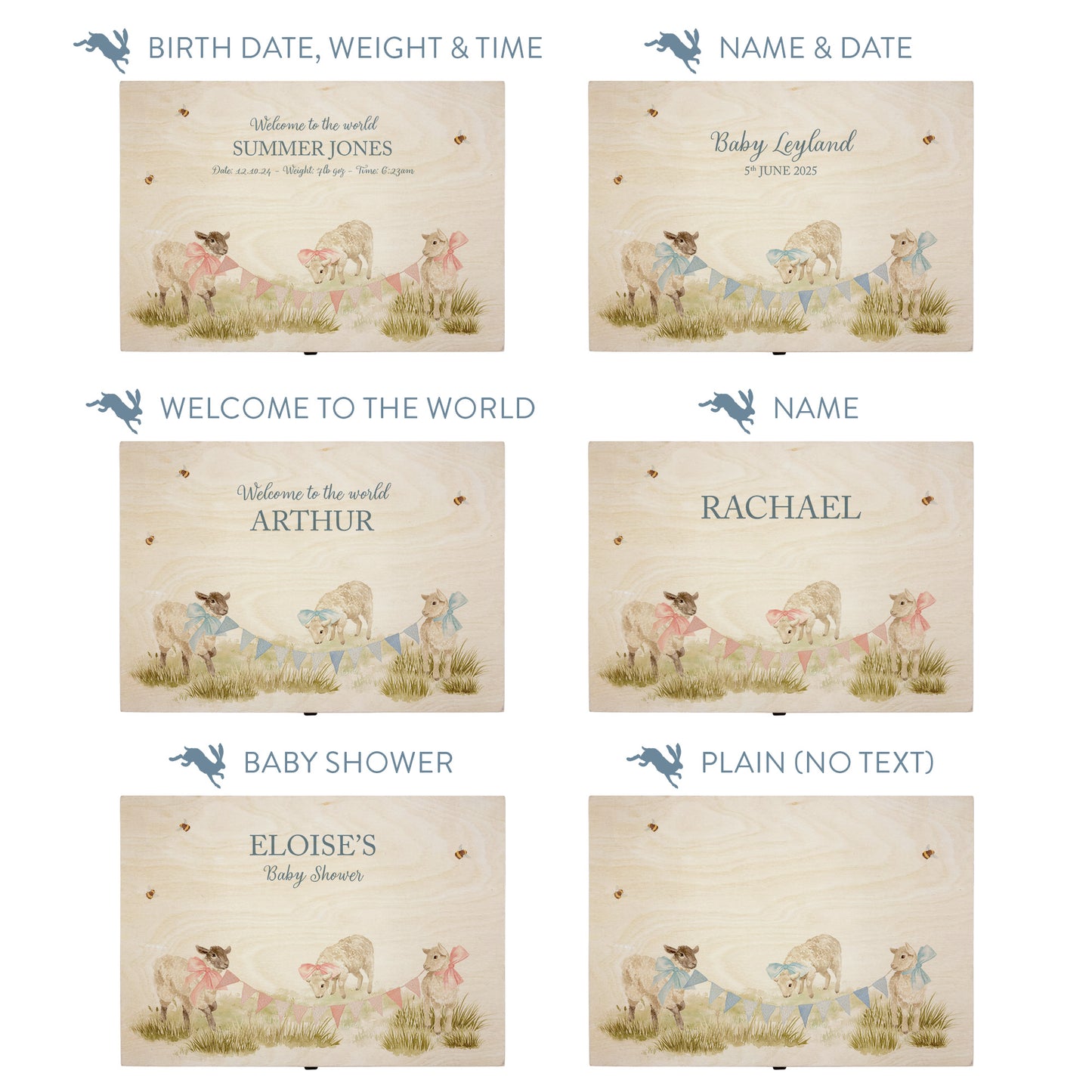 This baby animal design can be personalised by adding a beautiful bunting and a luxurious bow around their necks in blue or pink. Add the extra special touch to your special occasion.  This pictures shows examples of some different ways to personalise your beautiful gift box for your friend, loved one and little person in your life. "Box of things" "School keepsakes" "Time Capsule"  "Favourite things" "Bits and Bobs" "Toys" "Christening memory box"