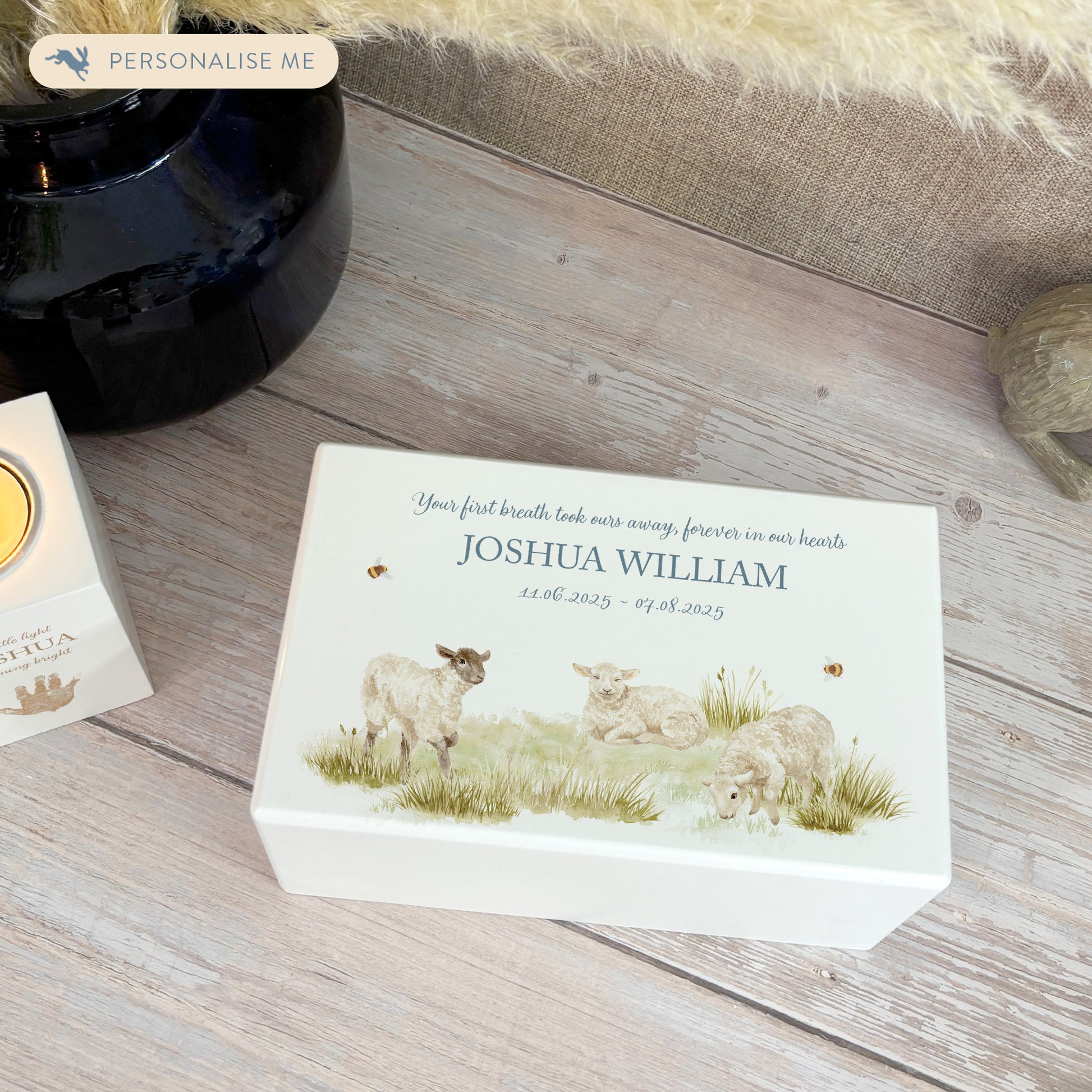 Luxury solid wooden white painted Urn ,  Featuring Baby Lambs, A watercolour illustration, our urns and Caskets for displaying or burying ashes. Customisable and can be personalised. Perfect funeral memory keepsake urn, for storing ashes for humans and pets. Coping with baby loss, baby memorial
