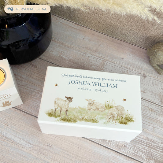 Luxury solid wooden white painted Urn ,  Featuring Baby Lambs, A watercolour illustration, our urns and Caskets for displaying or burying ashes. Customisable and can be personalised. Perfect funeral memory keepsake urn, for storing ashes for humans and pets. Coping with baby loss, baby memorial
