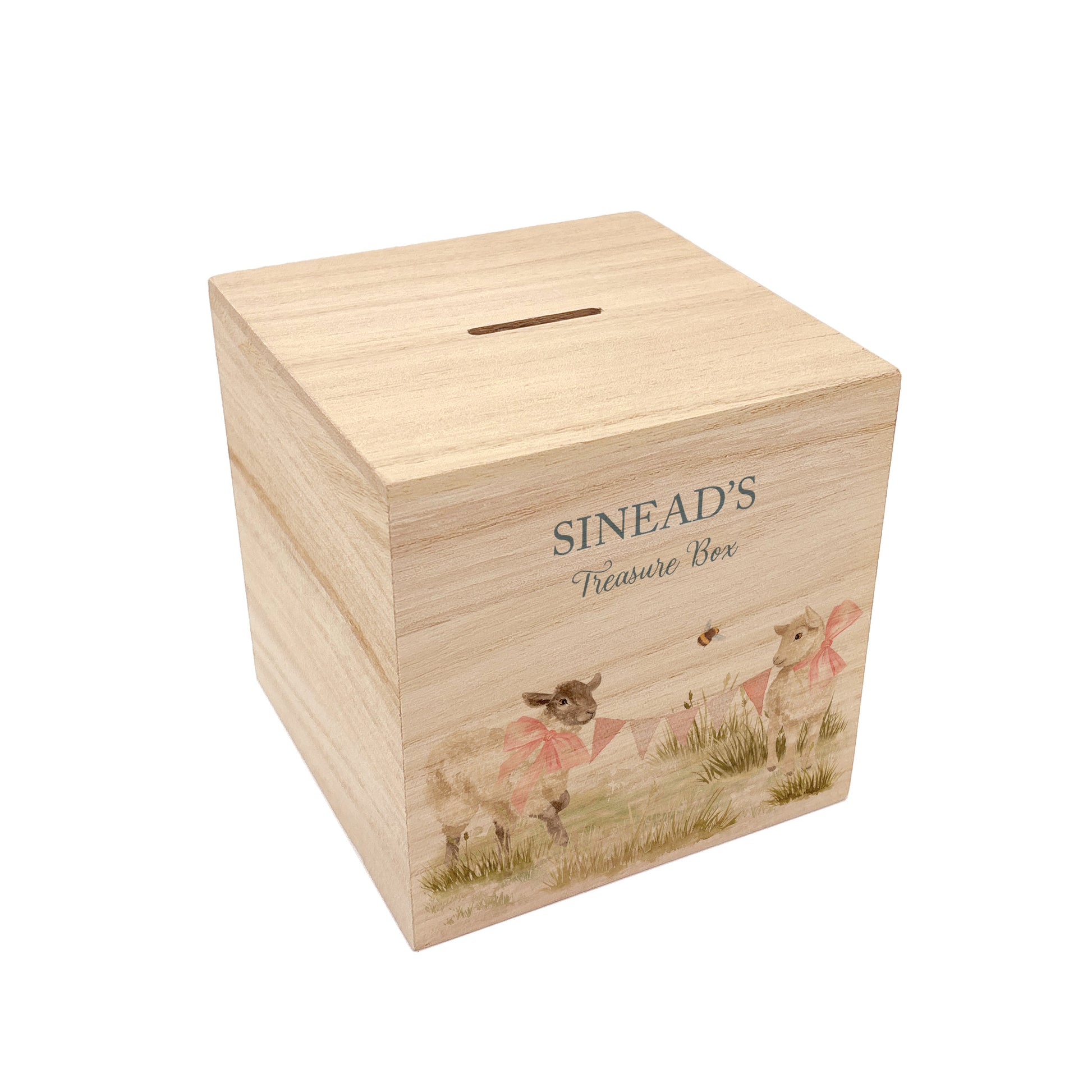 wooden handmade baby money box styled in a neutral childrens bedroom, cute lambs playing with bunting and bows around their necks
