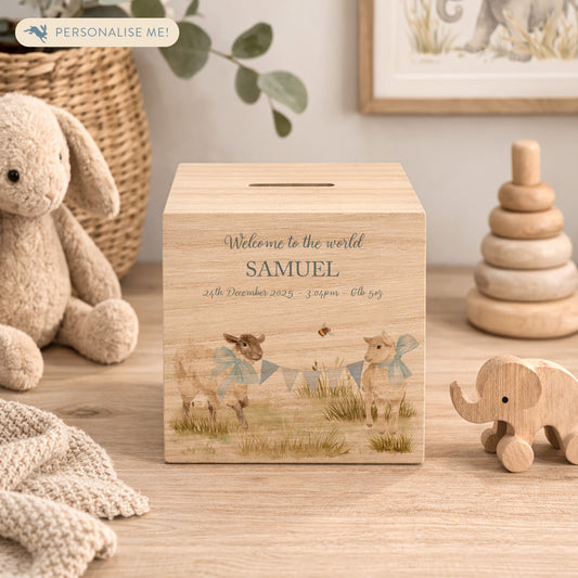 wooden handmade baby money box styled in a neutral childrens bedroom, cute lambs playing with bunting and bows around their necks