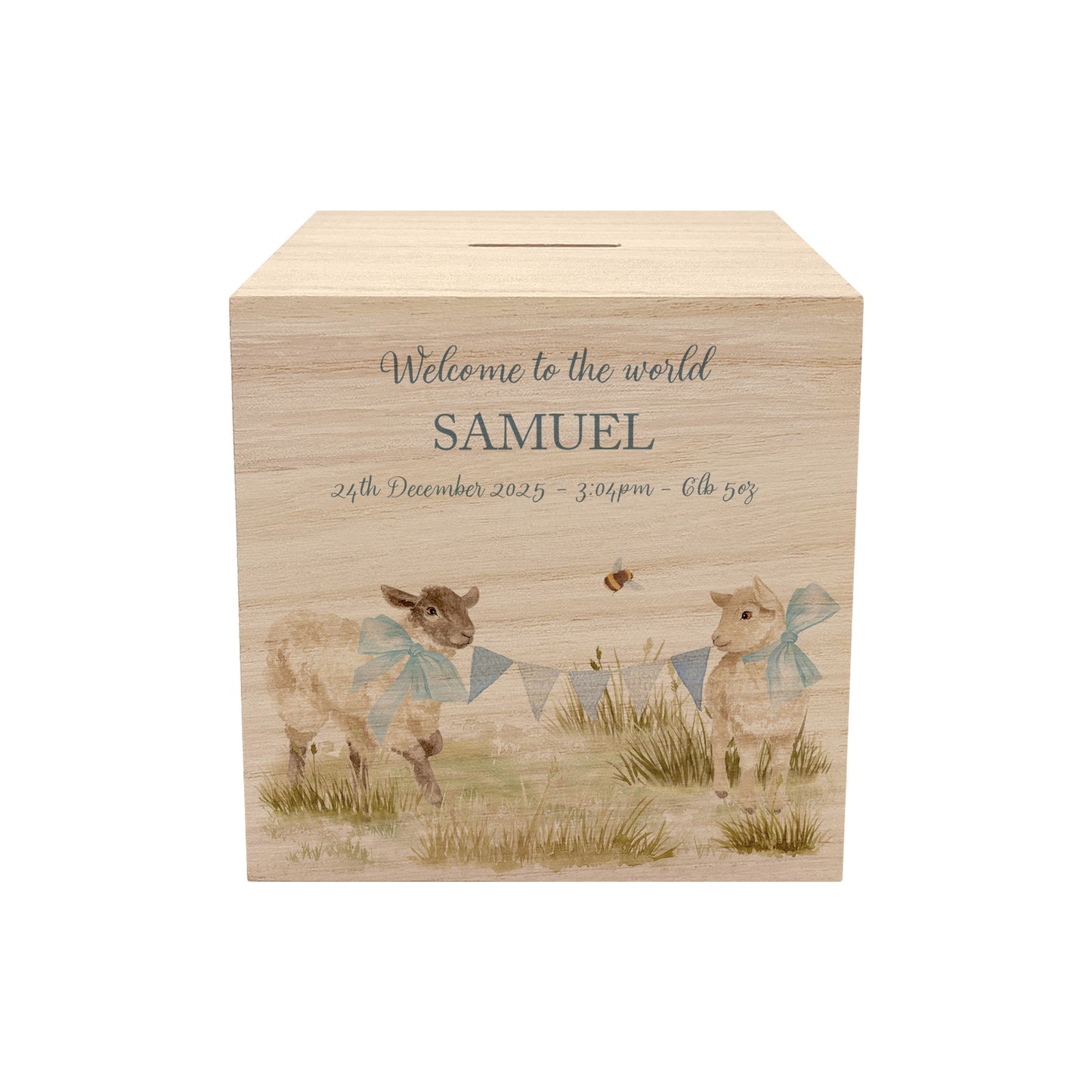 wooden handmade baby money box styled in a neutral childrens bedroom, cute lambs playing with bunting and bows around their necks