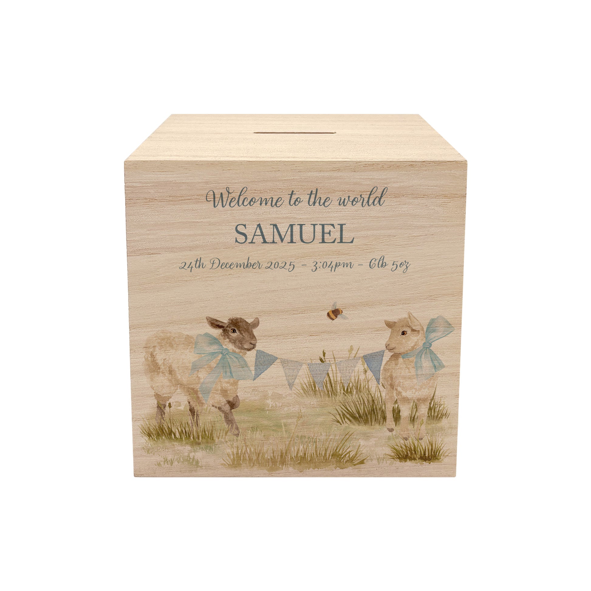 wooden handmade baby money box styled in a neutral childrens bedroom, cute lambs playing with bunting and bows around their necks