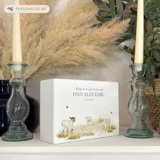 Luxury solid wooden white painted with Baby Lambs, a beautiful watercolour illustration our urns and Caskets for displaying or burying ashes. Customisable and can be personalised. Perfect funeral memory keepsake urn, for storing ashes for humans and pets. Coping with baby loss. 