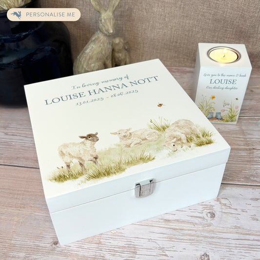 White Square personalised Wooden box with a decorative lid featuring illustrations of Sheep and a little Robin lined up along a fence line. Perfect funeral memory keepsake box, for storing ashes, order of service, flowers and capturing your loved ones things in one place