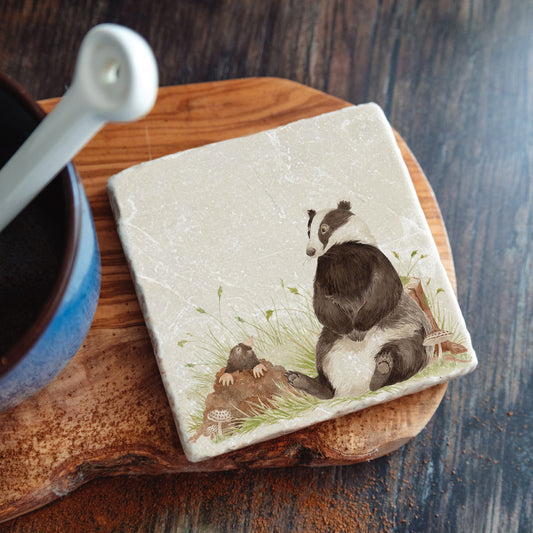 Water colour Badger and Mole marble coaster 