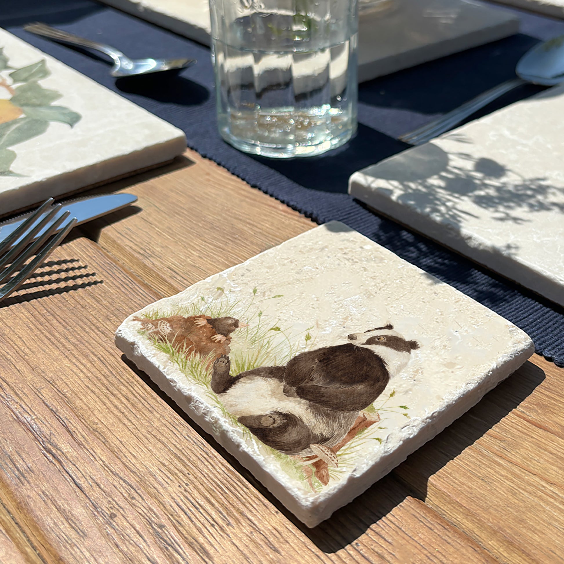 Water colour Badger and Mole marble coaster 