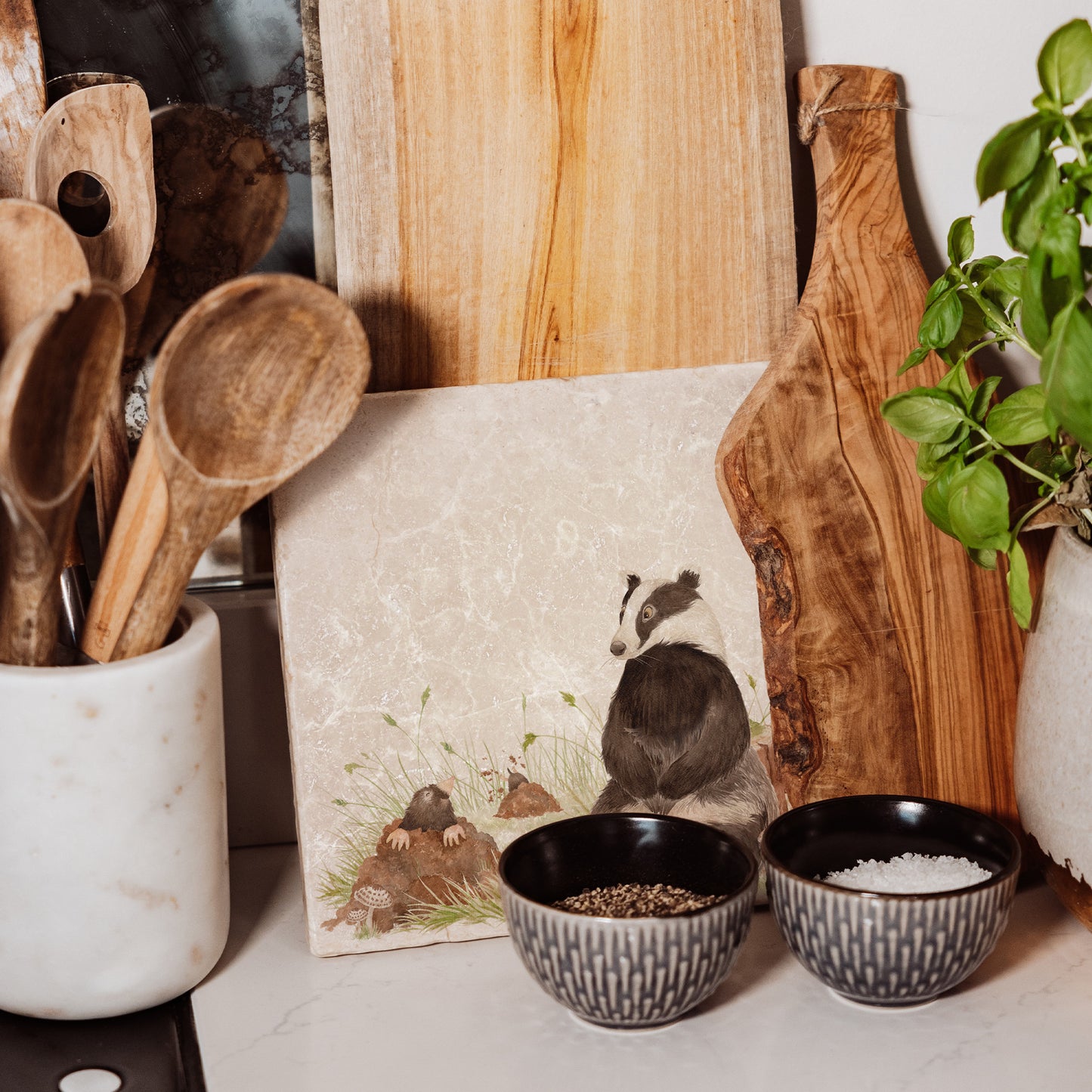 Badger and Mole design on natural stone, the perfect woodland pair to fill your home with countryside delights. Featuring The Humble Hares unique watercolour style. 