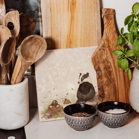 Badger and Mole design on natural stone, the perfect woodland pair to fill your home with countryside delights. Featuring The Humble Hares unique watercolour style. 