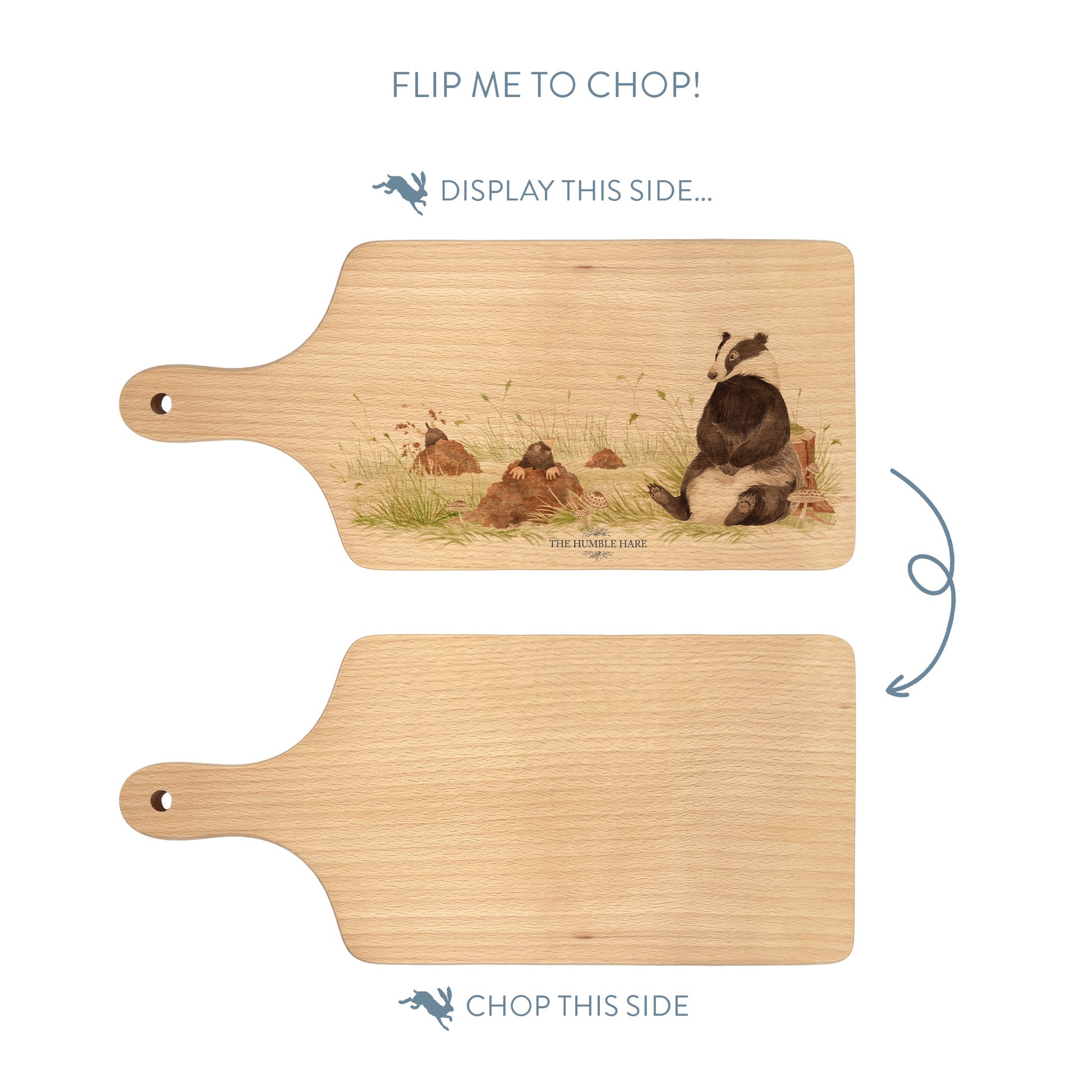 Badger and mole water colour paddle chopping board