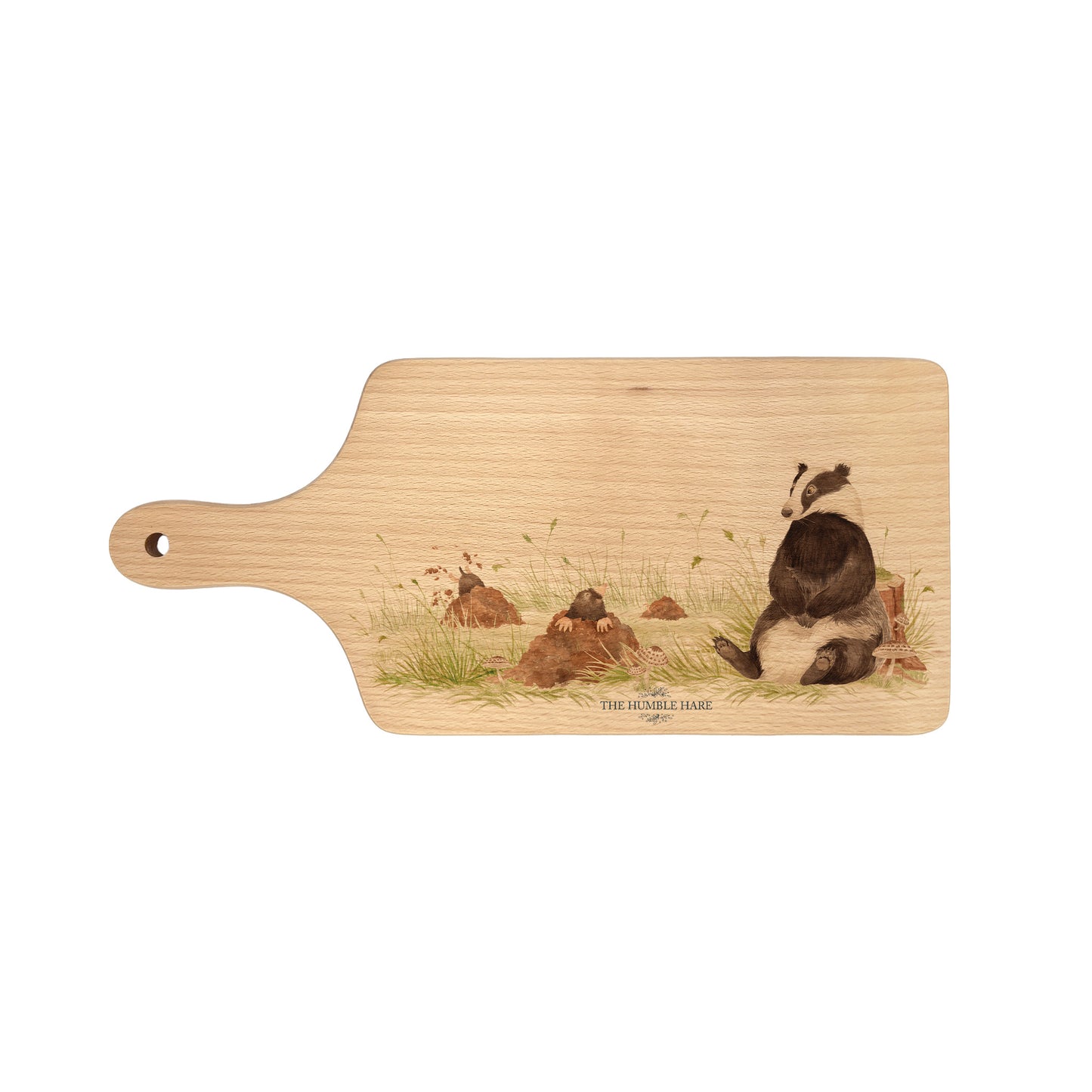 Badger and mole water colour paddle chopping board