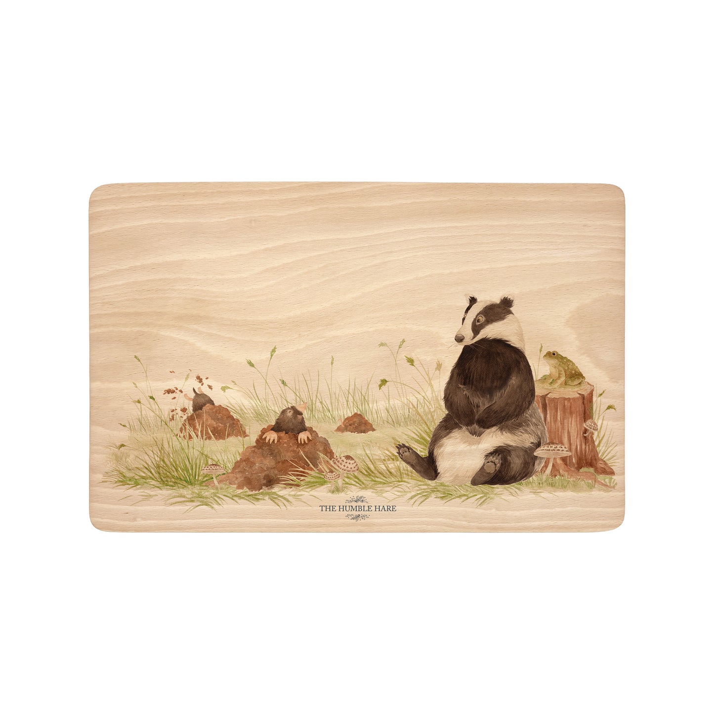 Rectangle beech wood chopping board featuring a watercolour design of a badger, mole and toad in the woodland.