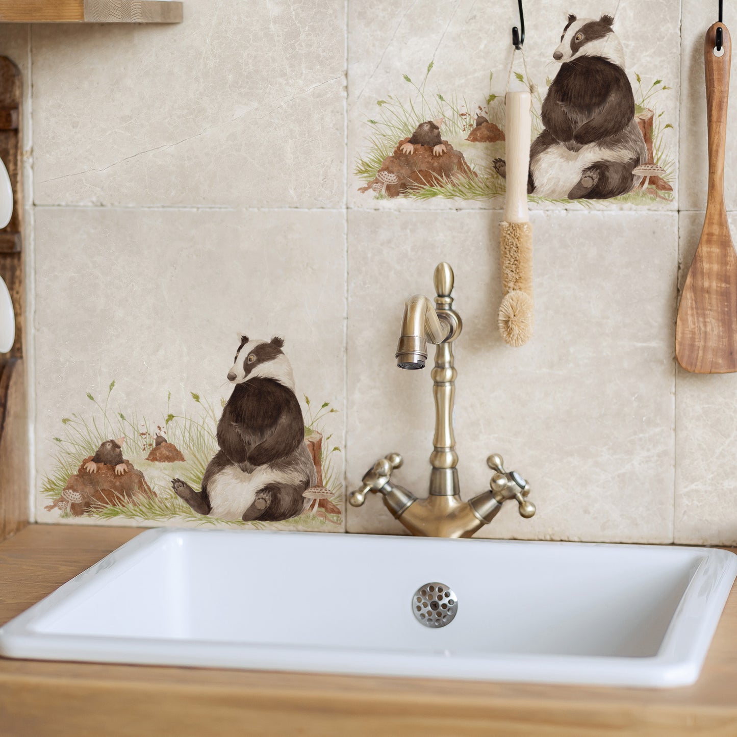 Kitchen tiles featuring  our watercolour and mole design on marble