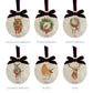 Six oval marble Christmas baubles showing the different design choices customers can choose from for their set. All of the baubles feature watercolour illustrations of countryside animals, and are finished with a luxurious velvet bow and hanging loop.