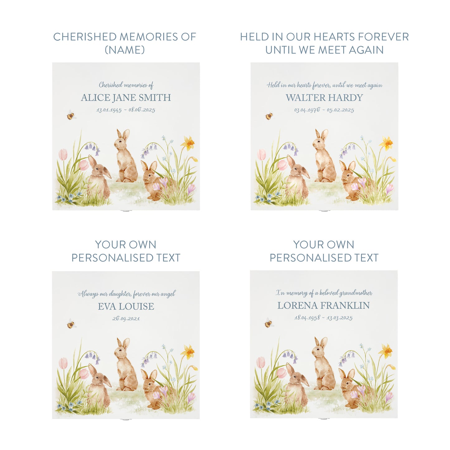 White Square personalised Wooden box with a decorative lid featuring illustrations Bunnies in flowers Perfect funeral memory keepsake box, for storing ashes, order of service, flowers and capturing your loved ones things in one place. Available in red, blue, yellow and green