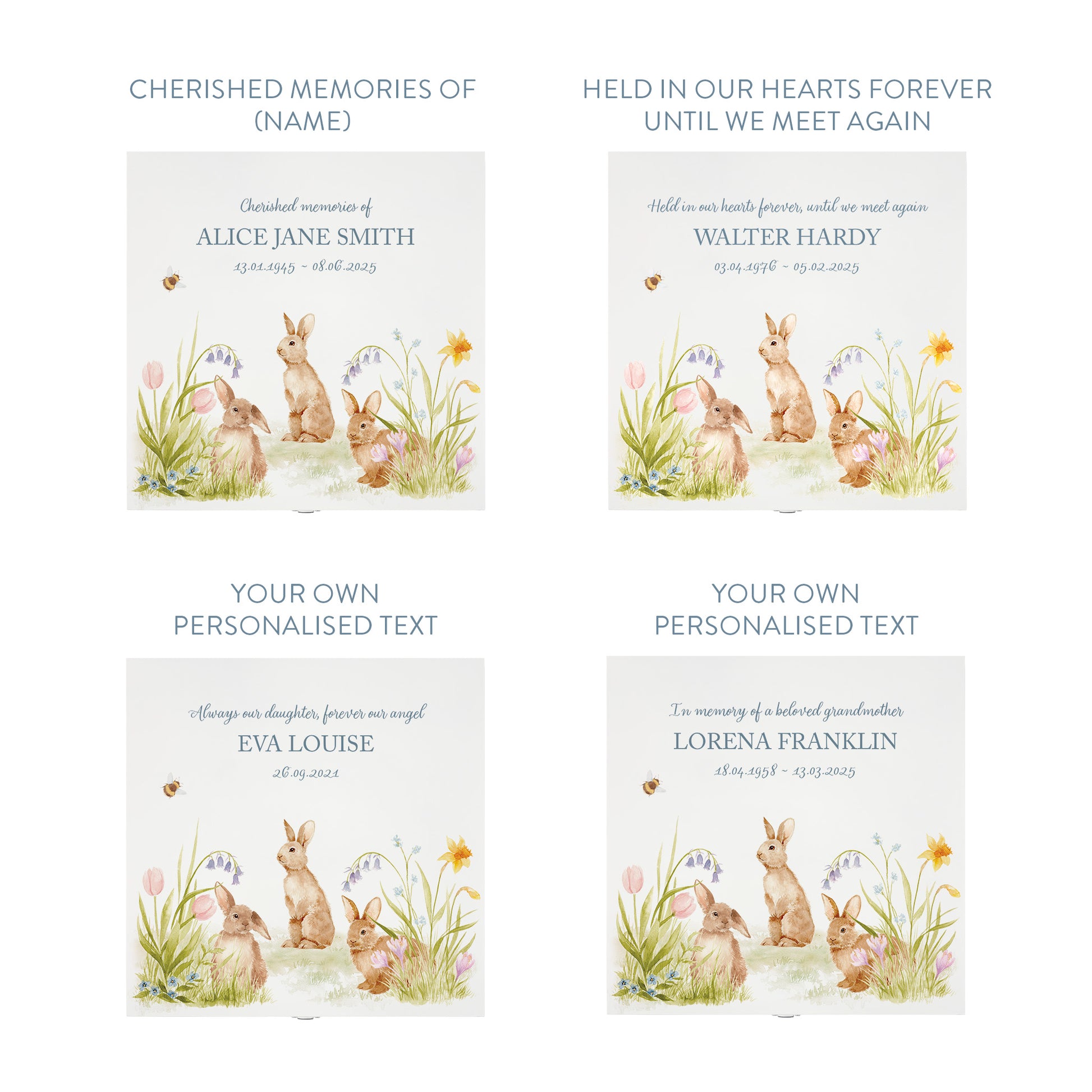White Square personalised Wooden box with a decorative lid featuring illustrations Bunnies in flowers Perfect funeral memory keepsake box, for storing ashes, order of service, flowers and capturing your loved ones things in one place. Available in red, blue, yellow and green
