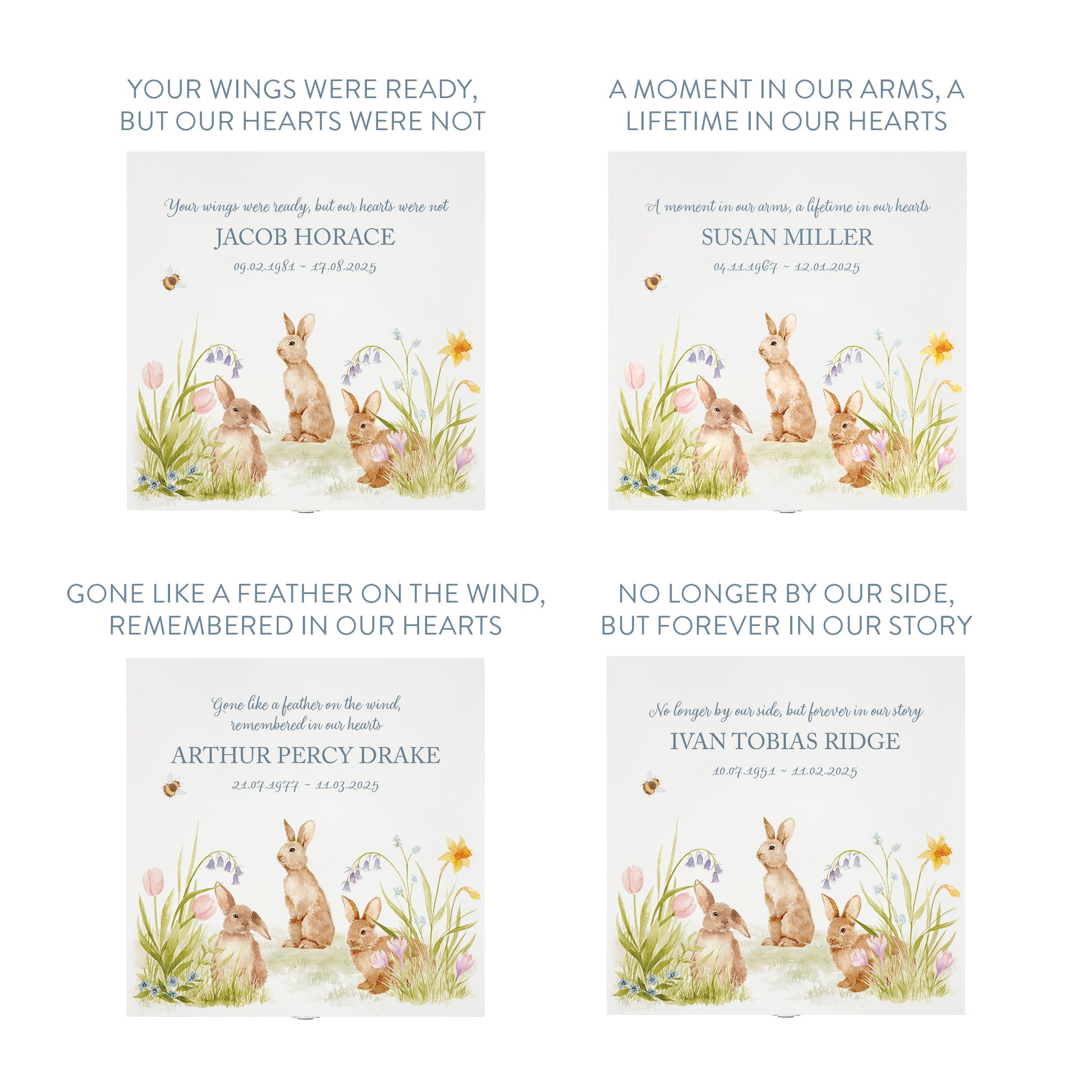 White Square personalised Wooden box with a decorative lid featuring illustrations Bunnies in flowers Perfect funeral memory keepsake box, for storing ashes, order of service, flowers and capturing your loved ones things in one place. Available in red, blue, yellow and green