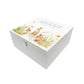 White Square personalised Wooden box with a decorative lid featuring illustrations Bunnies in flowers Perfect funeral memory keepsake box, for storing ashes, order of service, flowers and capturing your loved ones things in one place. Available in red, blue, yellow and green