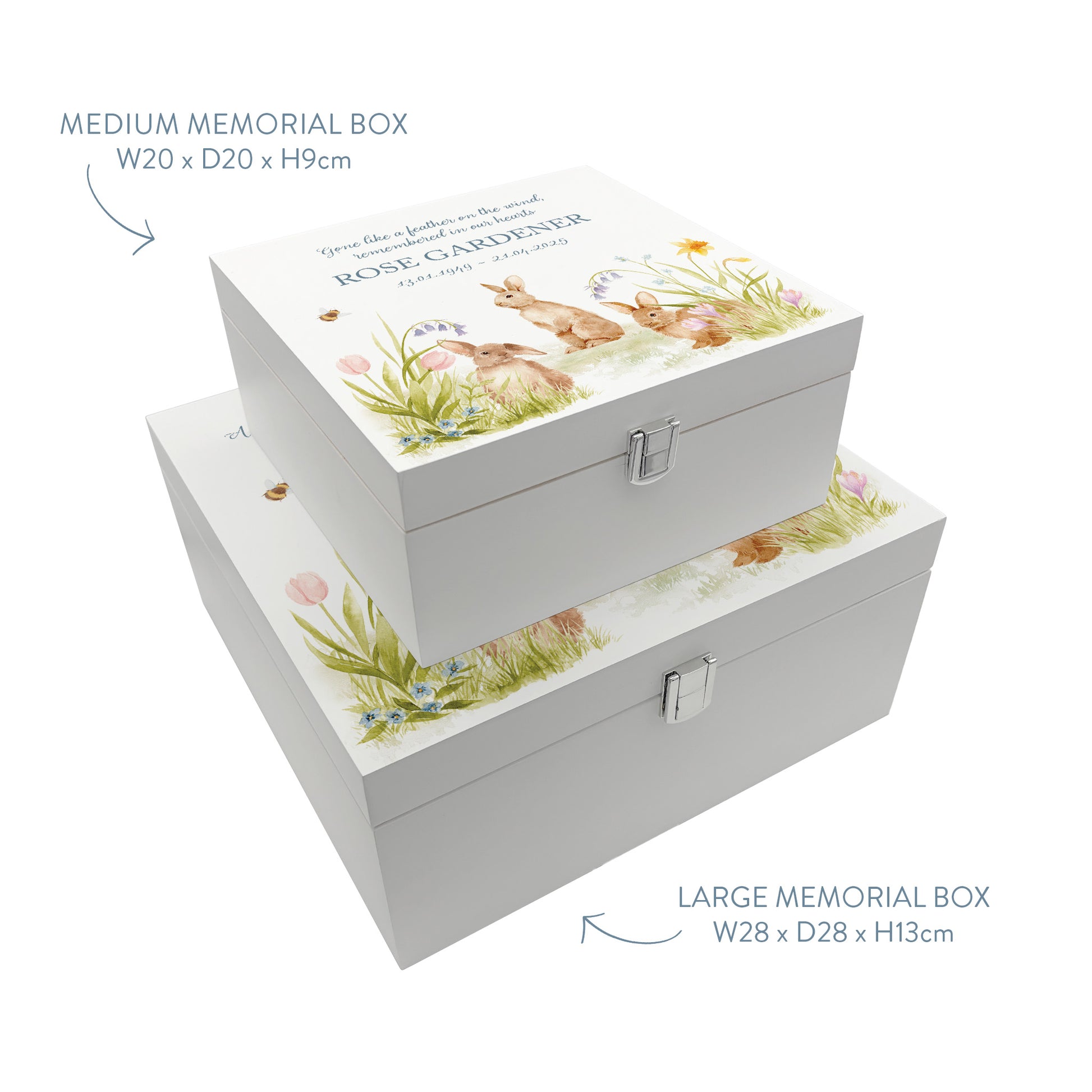 White Square personalised Wooden box with a decorative lid featuring illustrations Bunnies in flowers Perfect funeral memory keepsake box, for storing ashes, order of service, flowers and capturing your loved ones things in one place. Available in red, blue, yellow and green