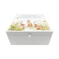 White Square personalised Wooden box with a decorative lid featuring illustrations Bunnies in flowers Perfect funeral memory keepsake box, for storing ashes, order of service, flowers and capturing your loved ones things in one place. Available in red, blue, yellow and green