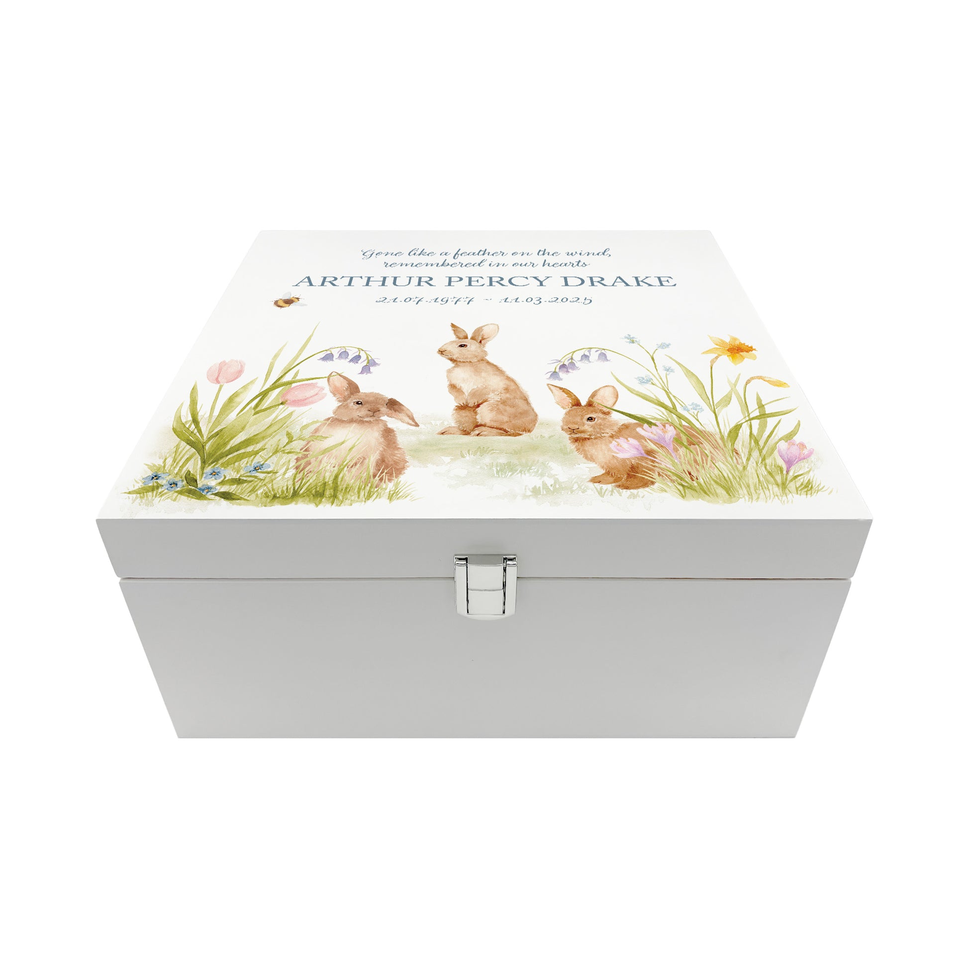 White Square personalised Wooden box with a decorative lid featuring illustrations Bunnies in flowers Perfect funeral memory keepsake box, for storing ashes, order of service, flowers and capturing your loved ones things in one place. Available in red, blue, yellow and green