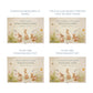 Four memorial cards with rabbit illustrations and customizable text on a white background. Wooden box with rabbit illustration on a wooden background. Wooden box with a decorative lid featuring animal illustrations on a wooden background. Perfect funeral memory keepsake box, for storing ashes, order of service, flowers, pictures. 