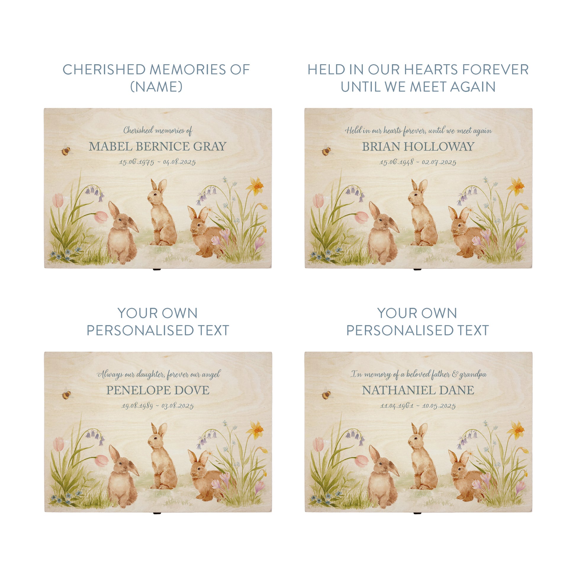 Four memorial cards with rabbit illustrations and customizable text on a white background. Wooden box with rabbit illustration on a wooden background. Wooden box with a decorative lid featuring animal illustrations on a wooden background. Perfect funeral memory keepsake box, for storing ashes, order of service, flowers, pictures. 