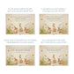 Memorial cards with rabbit illustrations and text on a white background. Wooden box with rabbit illustration on a wooden background. Wooden box with a decorative lid featuring animal illustrations on a wooden background. Perfect funeral memory keepsake box, for storing ashes, order of service, flowers, pictures. 