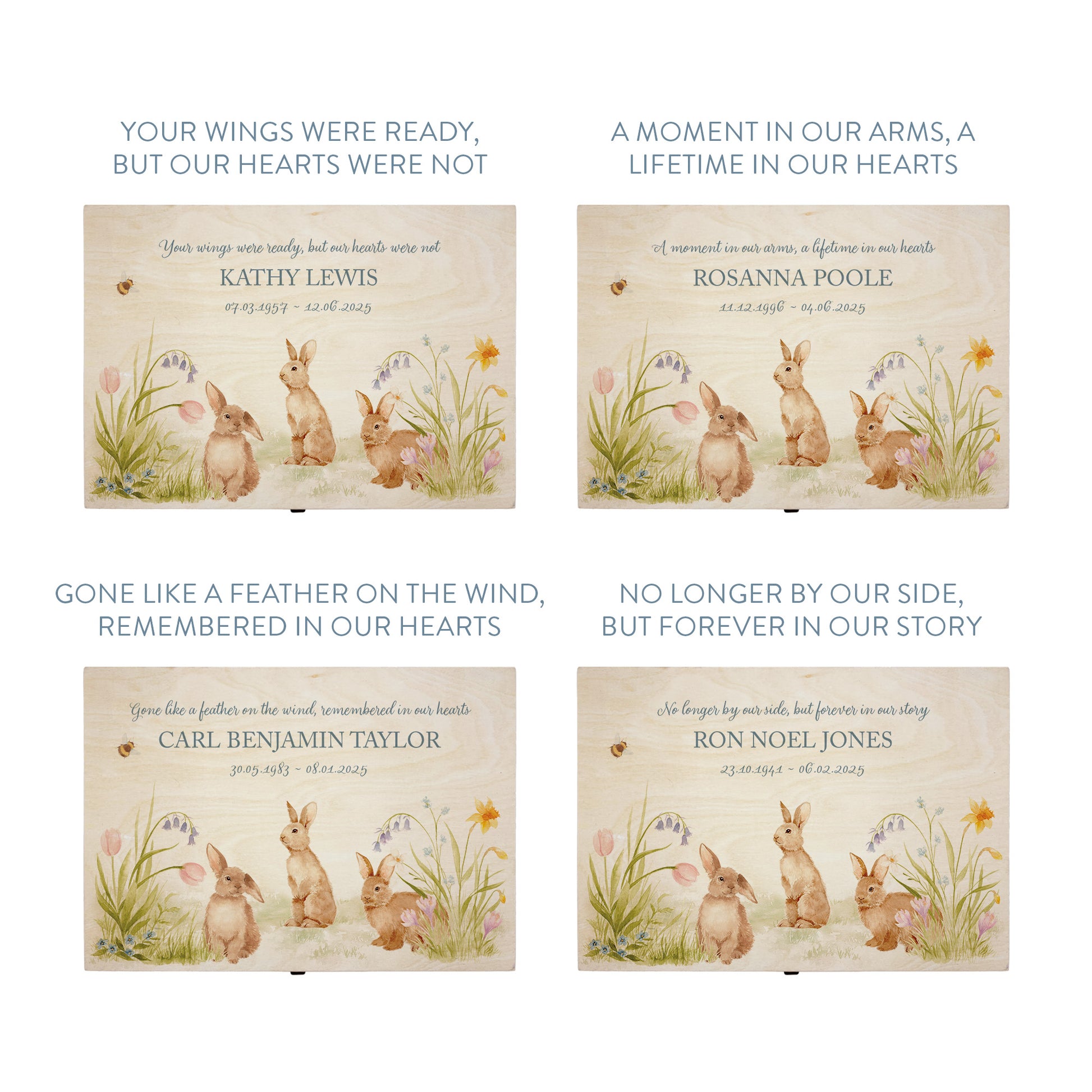 Memorial cards with rabbit illustrations and text on a white background. Wooden box with rabbit illustration on a wooden background. Wooden box with a decorative lid featuring animal illustrations on a wooden background. Perfect funeral memory keepsake box, for storing ashes, order of service, flowers, pictures. 