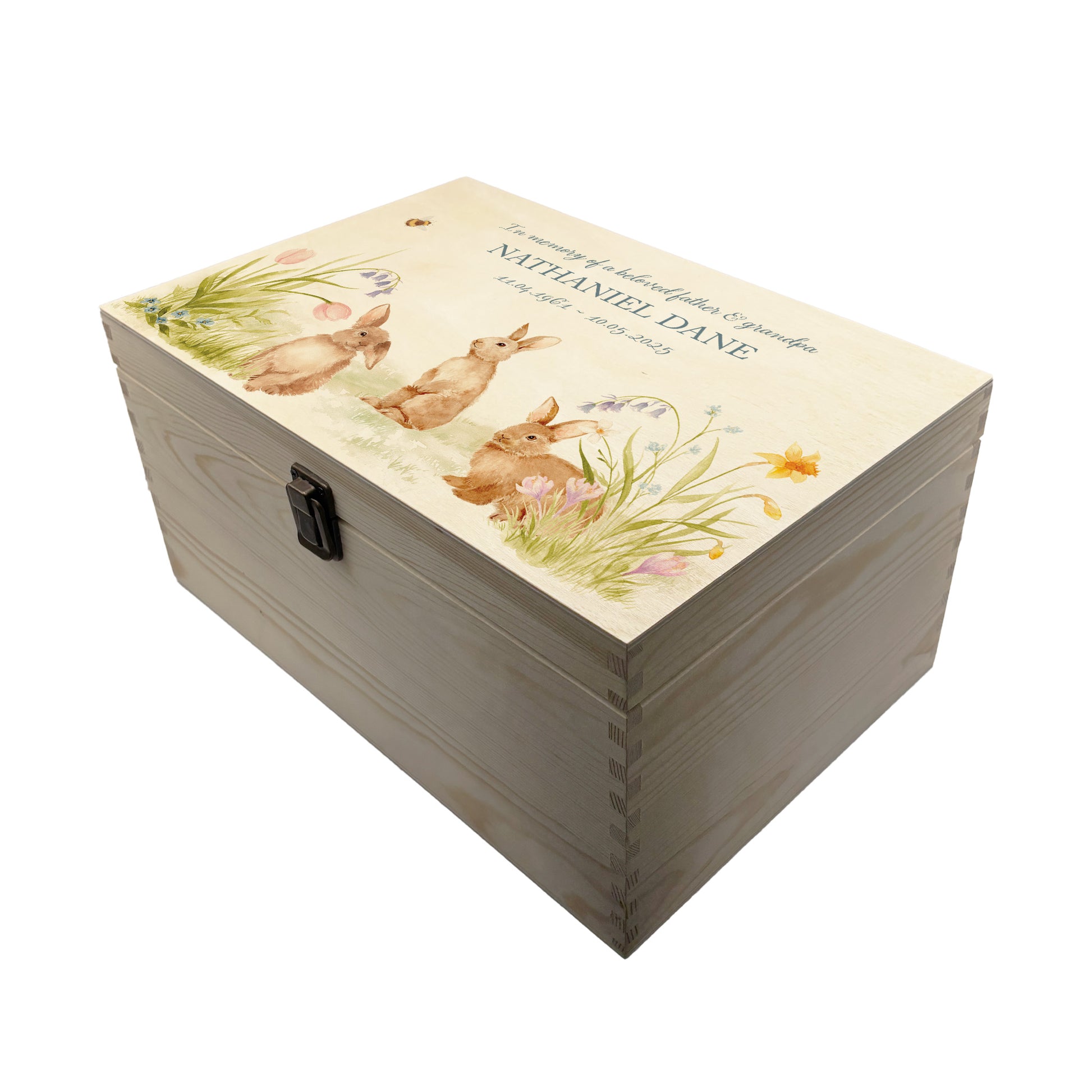 Wooden box with rabbit illustration on a wooden background. Wooden box with a decorative lid featuring animal illustrations on a wooden background. Perfect funeral memory keepsake box, for storing ashes, order of service, flowers, pictures. 