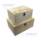 Two wooden memorial boxes with floral designs on a white background. Wooden box with a decorative lid featuring animal illustrations on a wooden background. Perfect funeral memory keepsake box, for storing ashes, order of service, flowers, pictures. 