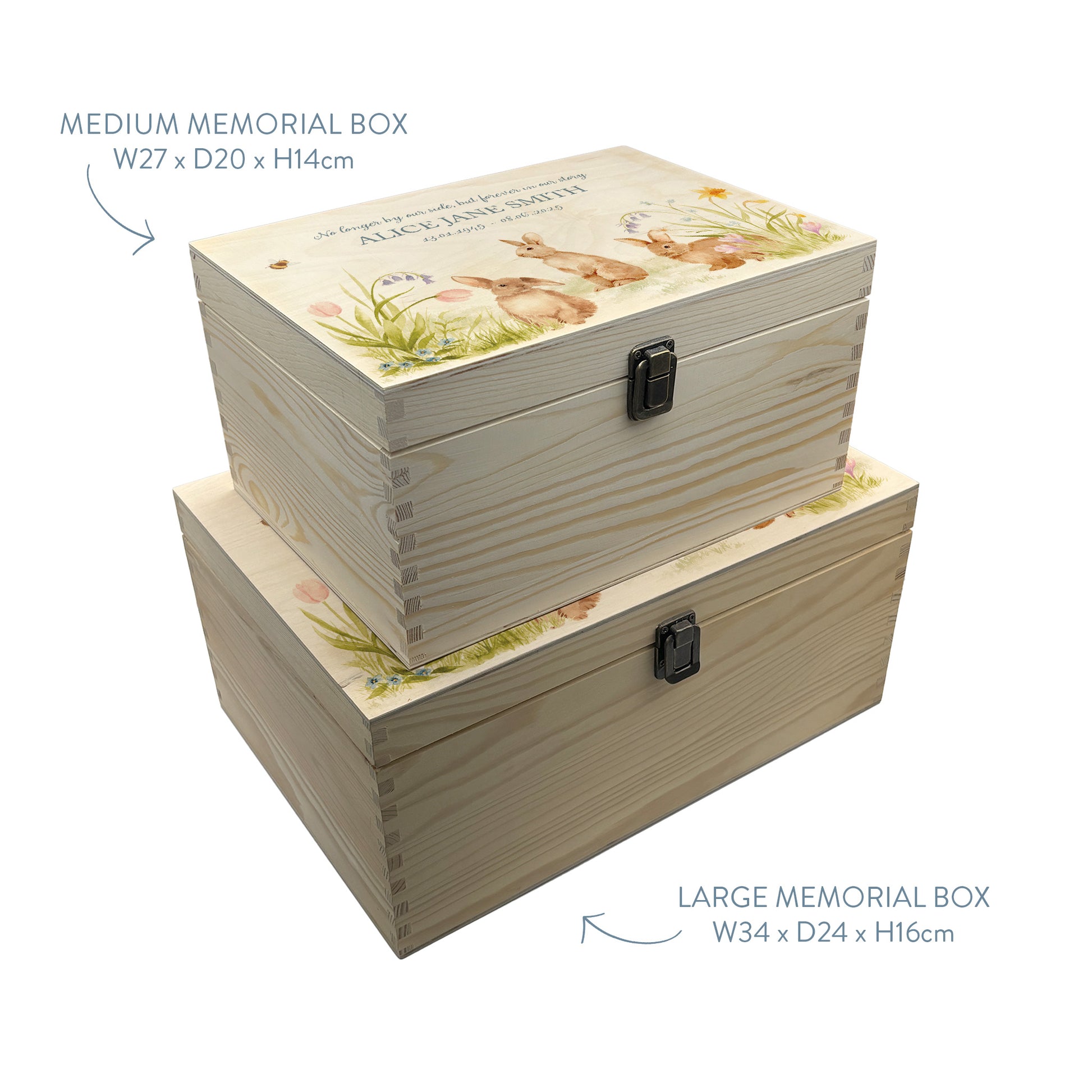 Two wooden memorial boxes with floral designs on a white background. Wooden box with a decorative lid featuring animal illustrations on a wooden background. Perfect funeral memory keepsake box, for storing ashes, order of service, flowers, pictures. 