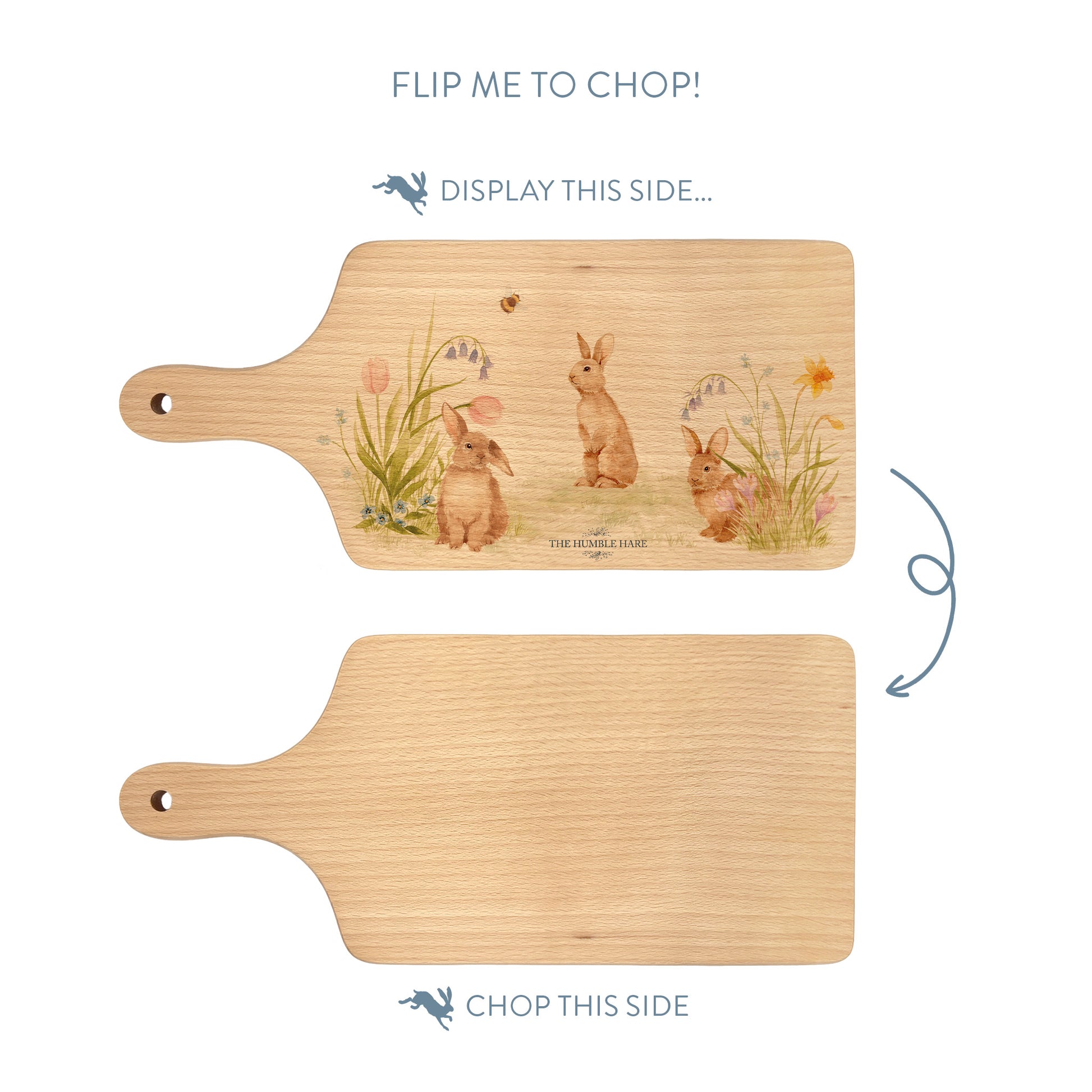 watercolour bunny design in a meadow. This watercolour design chopping board makes a great gift.  