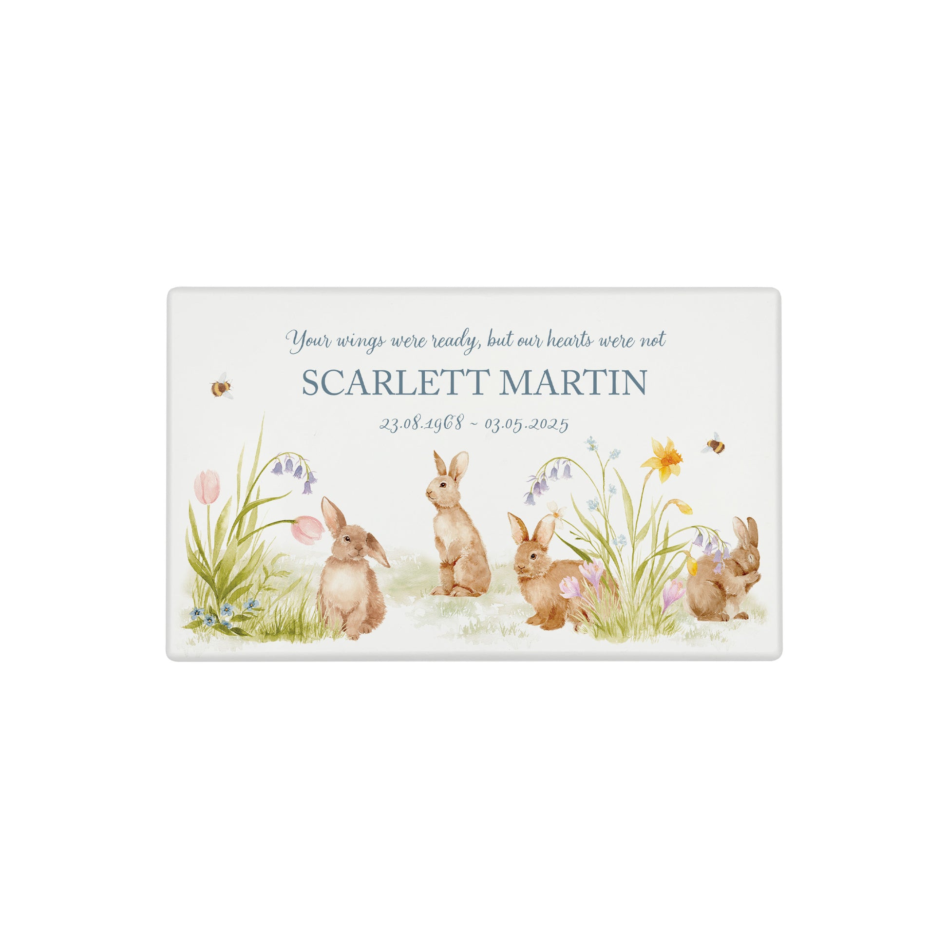 Luxury solid wooden white painted Urn ,  Featuring Bunnies in a flower meadow with buzzy bees, A watercolour illustration, our urns and Caskets for displaying or burying ashes. Customisable and can be personalised. Perfect funeral memory keepsake urn, for storing ashes for humans and pets. 