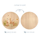 Wooden cutting board with our blooming bunnies illustration on one side and plain wood on the other, with text indicating which side to display and which to chop.