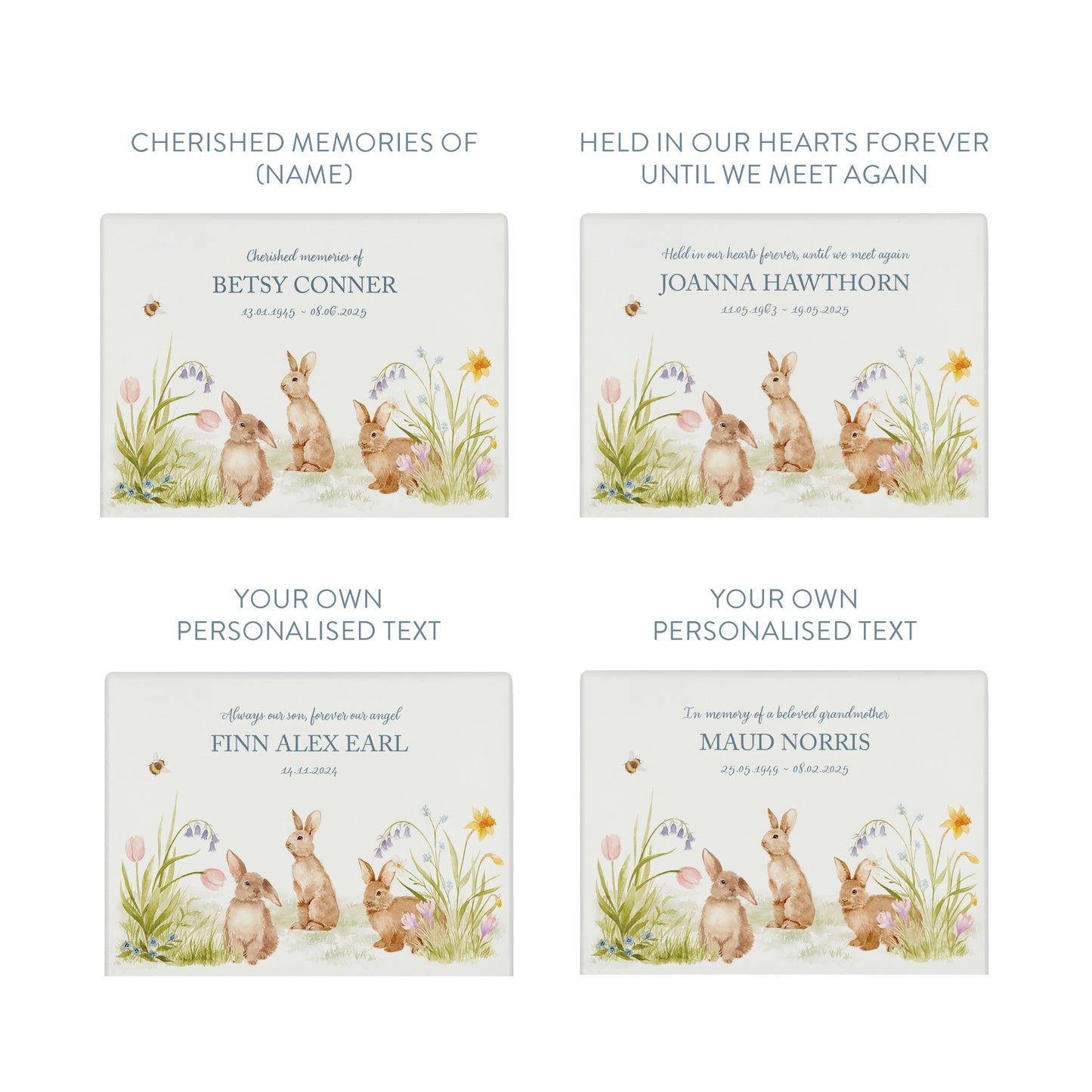 Bunnies in a flower meadow a beautiful watercolour illustration our urns and Caskets for displaying or burying ashes. Customisable and can be personalised. Perfect funeral memory keepsake urn, for storing ashes for humans and pets