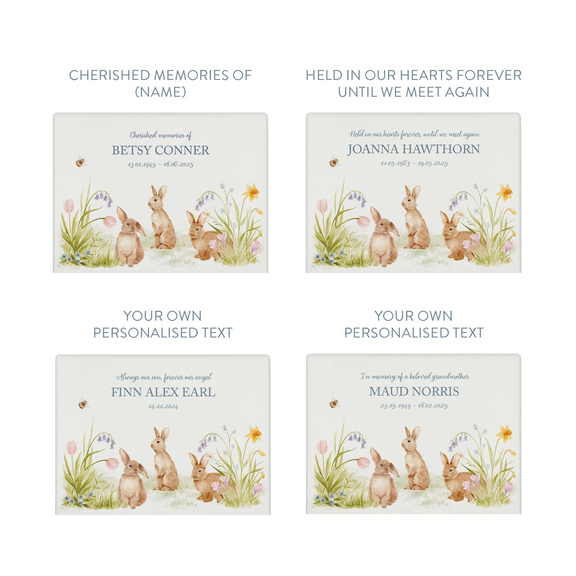 Bunnies in a flower meadow a beautiful watercolour illustration our urns and Caskets for displaying or burying ashes. Customisable and can be personalised. Perfect funeral memory keepsake urn, for storing ashes for humans and pets