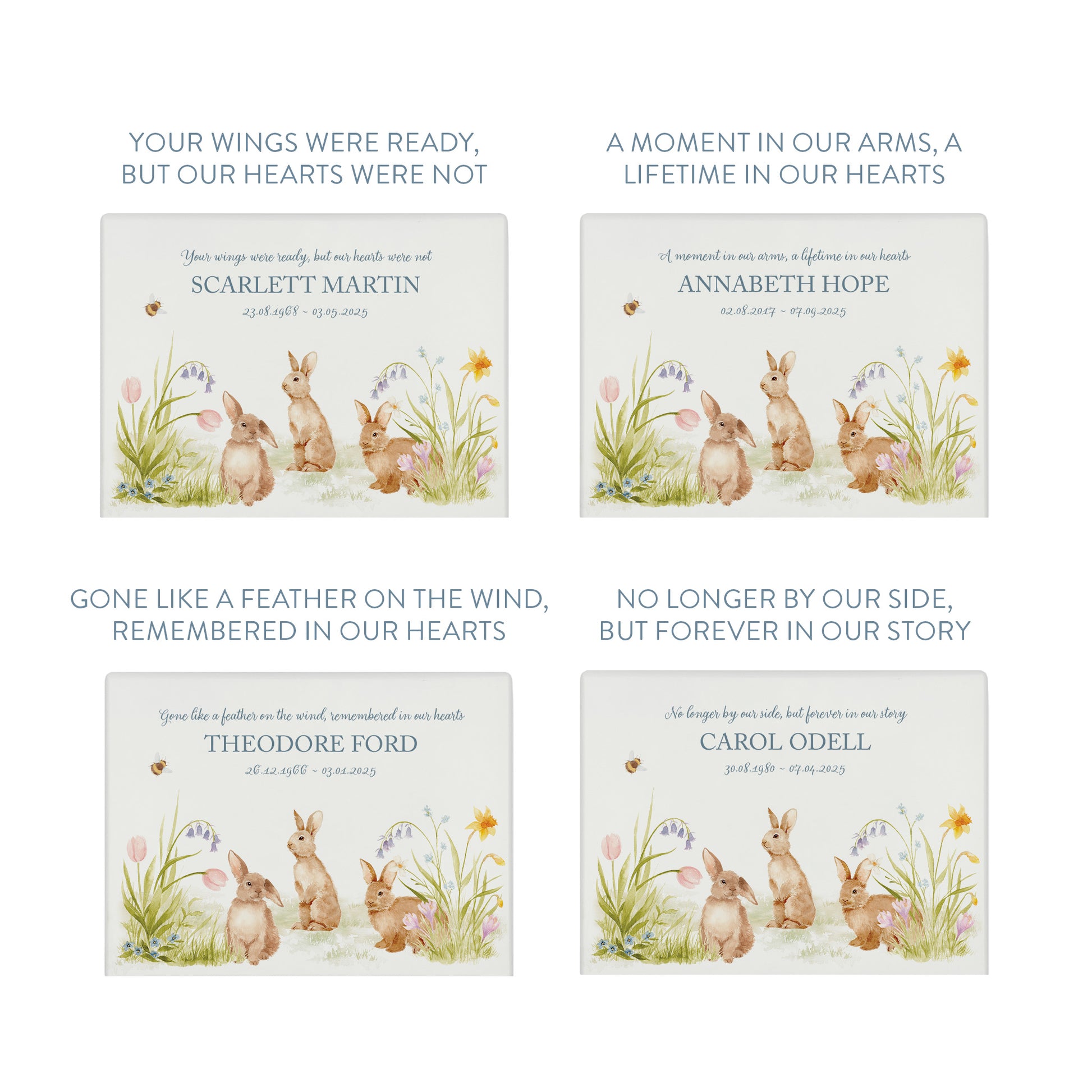 Bunnies in a flower meadow a beautiful watercolour illustration our urns and Caskets for displaying or burying ashes. Customisable and can be personalised. Perfect funeral memory keepsake urn, for storing ashes for humans and pets