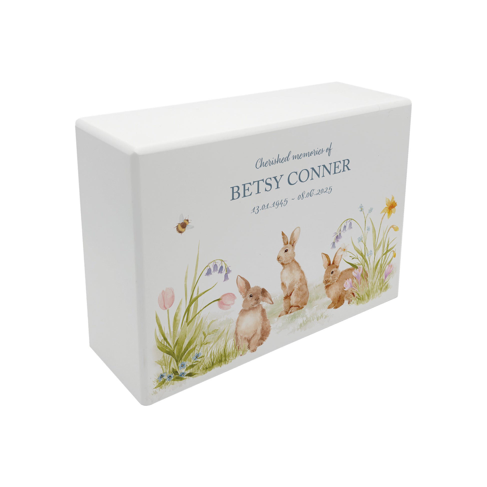 Bunnies in a flower meadow a beautiful watercolour illustration our urns and Caskets for displaying or burying ashes. Customisable and can be personalised. Perfect funeral memory keepsake urn, for storing ashes for humans and pets