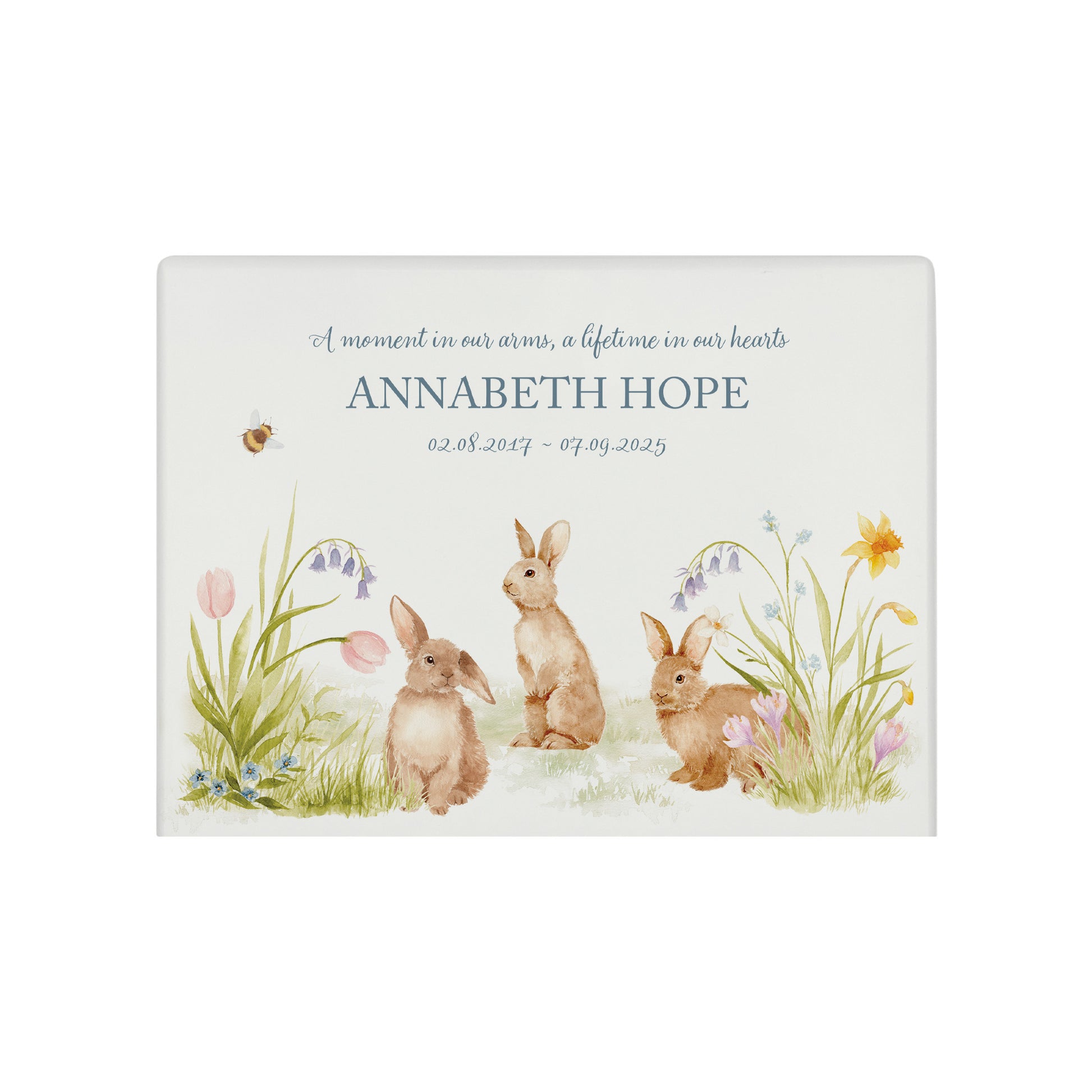 Bunnies in a flower meadow a beautiful watercolour illustration our urns and Caskets for displaying or burying ashes. Customisable and can be personalised. Perfect funeral memory keepsake urn, for storing ashes for humans and pets