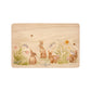 Rectangle beech wood chopping board featuring our blooming bunnies woodland animal design, with rabbits among spring flowers.
