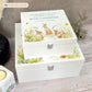 White Square personalised Wooden box with a decorative lid featuring illustrations Bunnies in flowers Perfect funeral memory keepsake box, for storing ashes, order of service, flowers and capturing your loved ones things in one place. Available in red, blue, yellow and green
