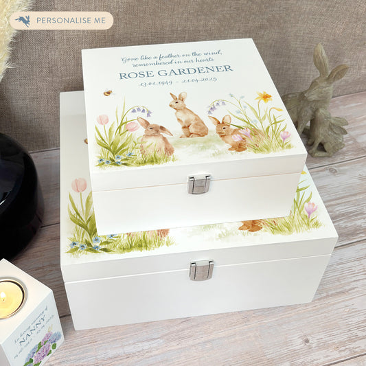 White Square personalised Wooden box with a decorative lid featuring illustrations Bunnies in flowers Perfect funeral memory keepsake box, for storing ashes, order of service, flowers and capturing your loved ones things in one place. Available in red, blue, yellow and green
